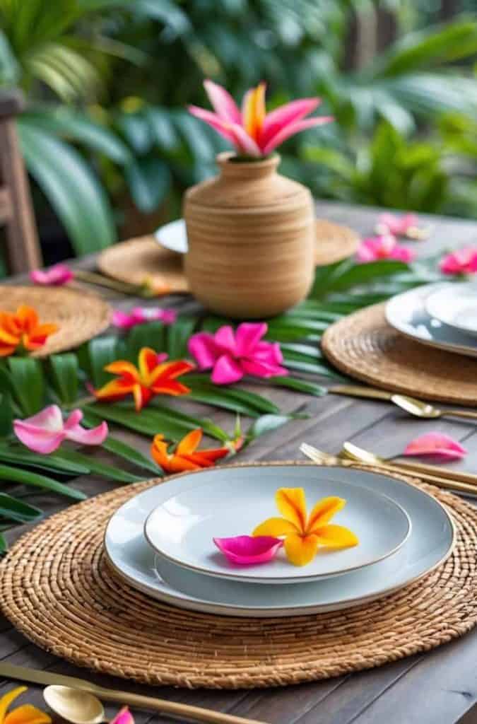 A table set with white plates on woven placemats, gold cutlery, tropical flowers, and green leaves, with a vase of flowers in the background.