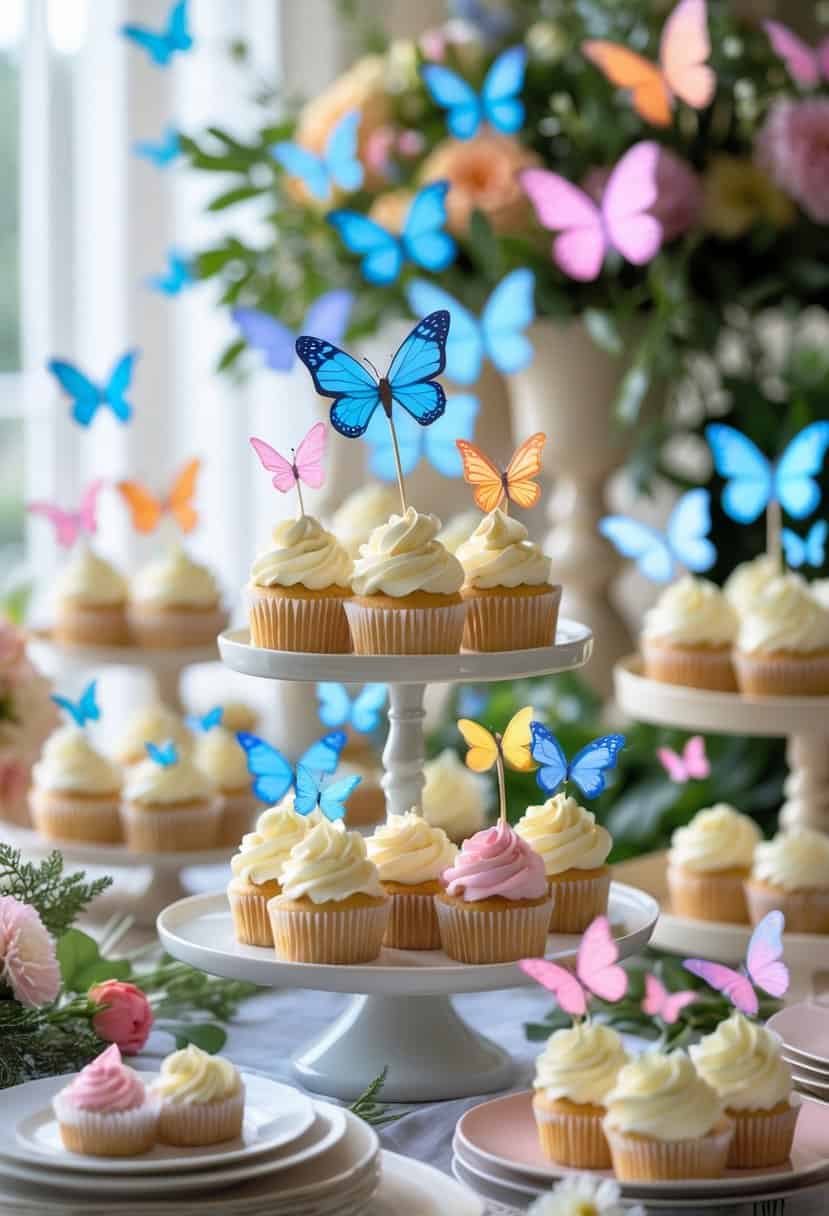 A table set with cupcakes topped with colorful butterfly decorations, surrounded by flowers and greenery.