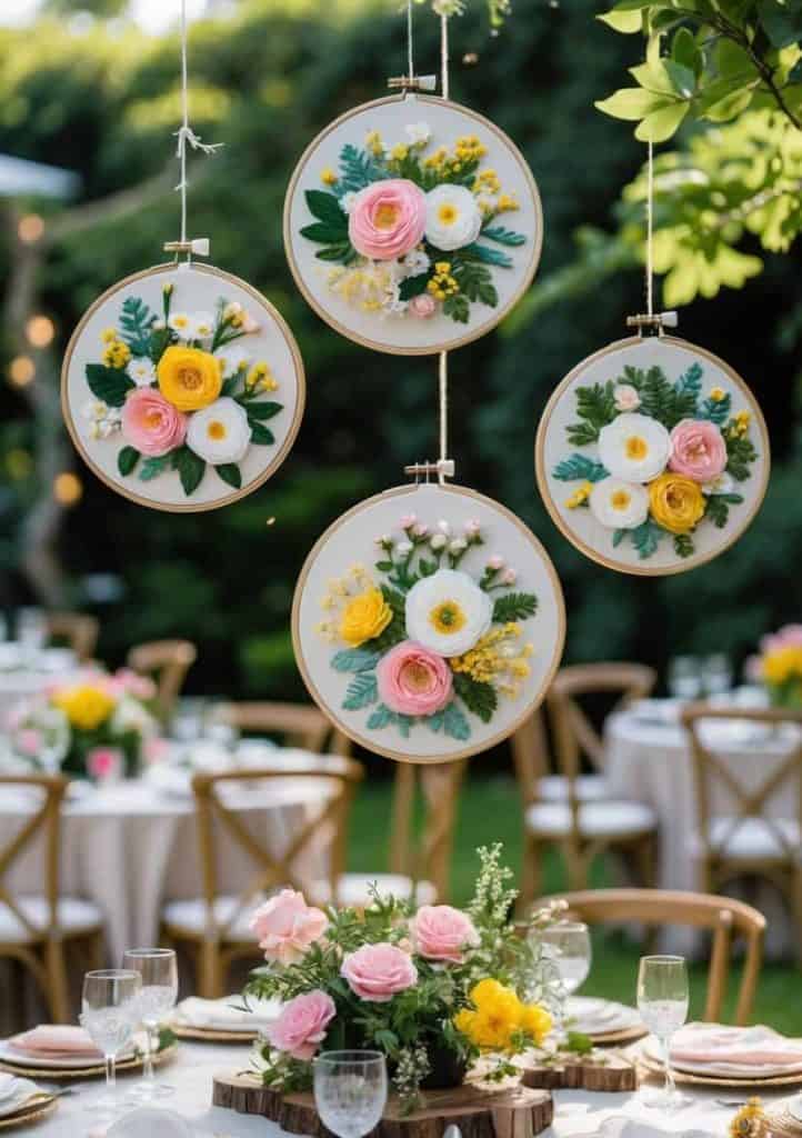 Four embroidered floral hoops hang above a table set for an outdoor event, with floral centerpieces and neatly arranged place settings visible in the background.