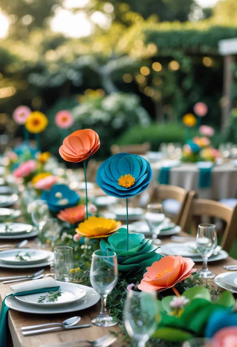 Outdoor garden tables set with plates and handmade paper flowers used as place card holders surrounded by greenery.