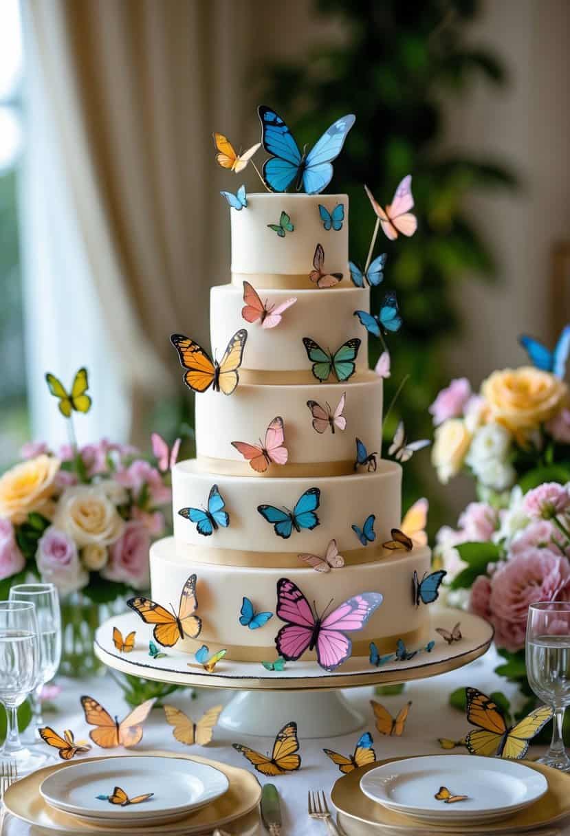 A layered cake decorated with colorful butterfly designs surrounded by a table set with butterfly-themed decorations.