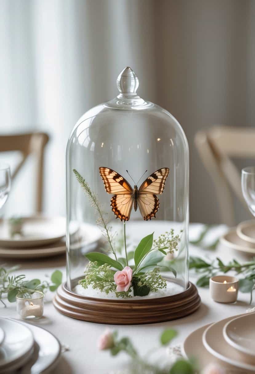 A clear glass dome containing a butterfly centerpiece on a decorated table with flowers and greenery.
