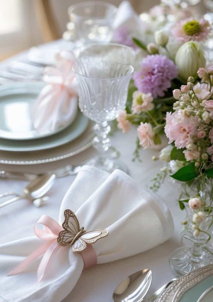 Elegant table setting with white napkins tied with pink ribbon and butterfly decoration, pastel plates, silver cutlery, crystal glassware, and a floral centerpiece.