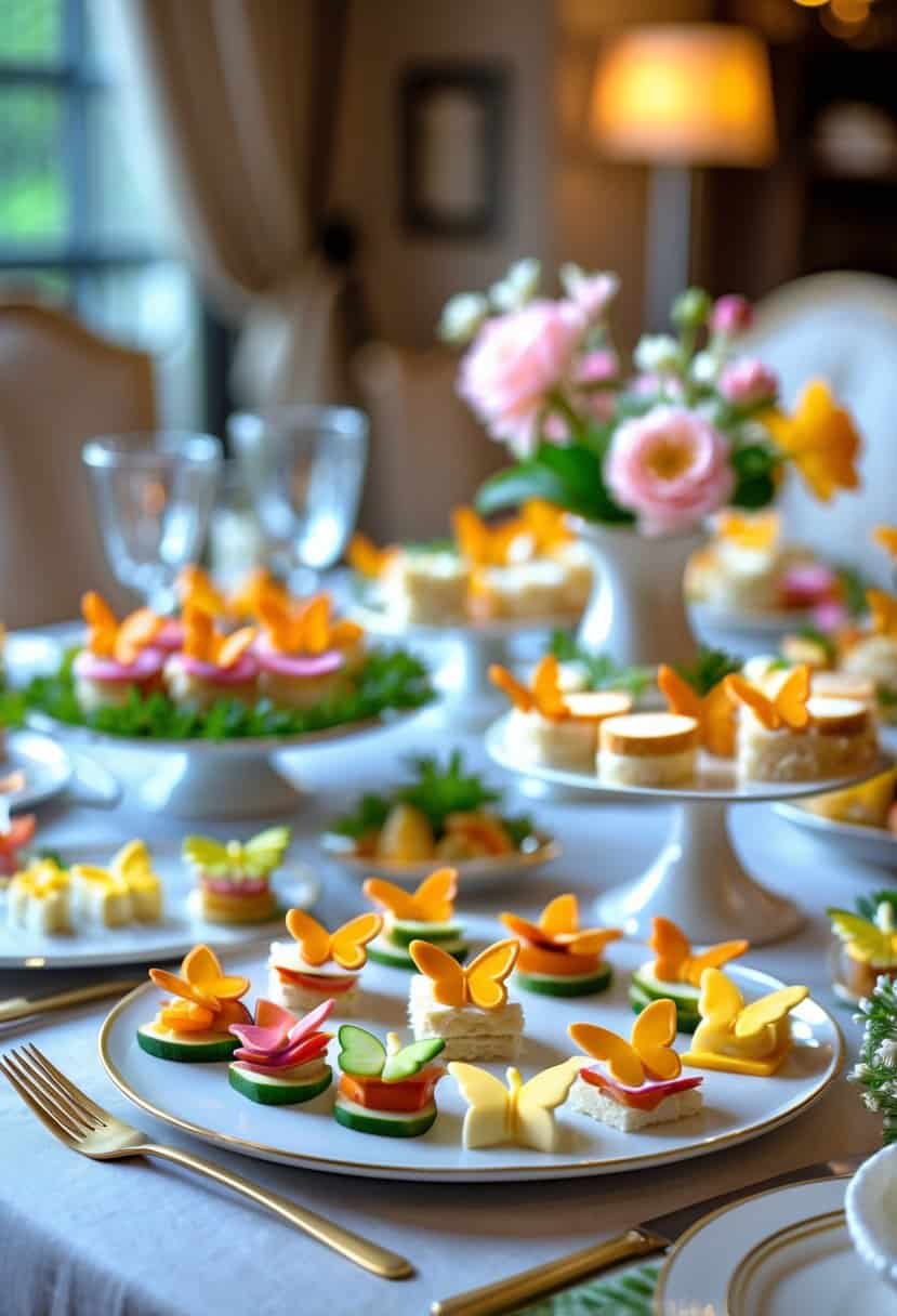 A table set with savory finger foods shaped like butterflies, surrounded by floral decorations and elegant tableware.