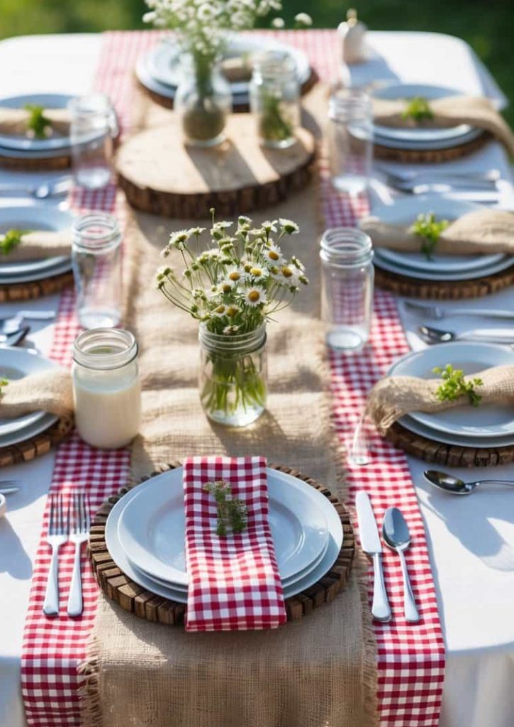 Vivid outdoor picnic table setup with rustic wooden accents, daisies in glass jars, and a charming red gingham table runner, perfect for summer gatherings and outdoor dining.