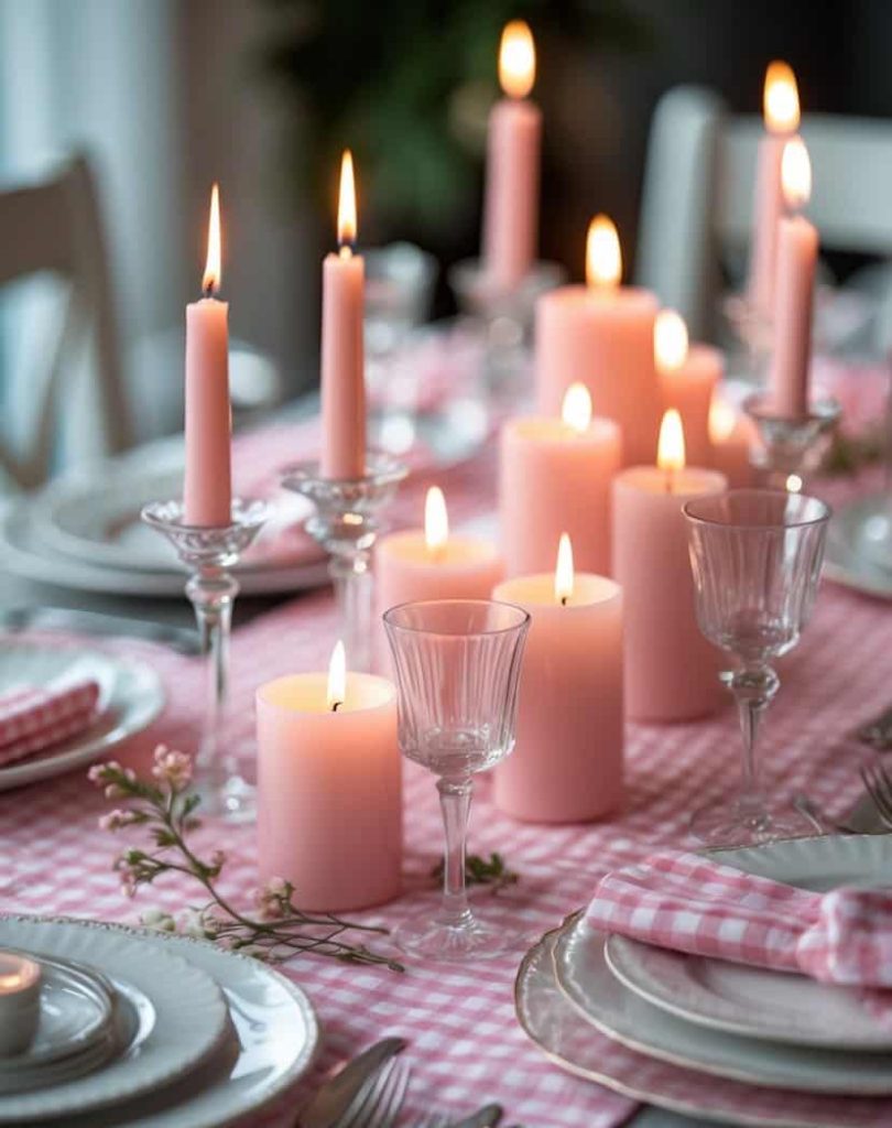 A dining table set with white plates, silverware, glassware, and a pink checkered tablecloth, decorated with lit pink candles and small flowers.