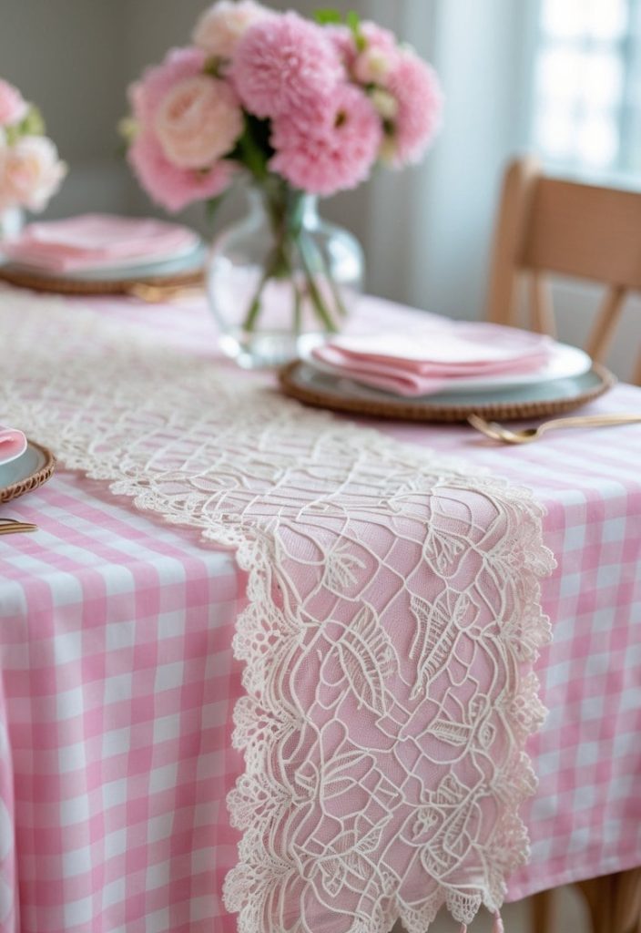 A dining table set with pink checkered tablecloth, lace table runner, pink napkins, and vases of pink flowers.
