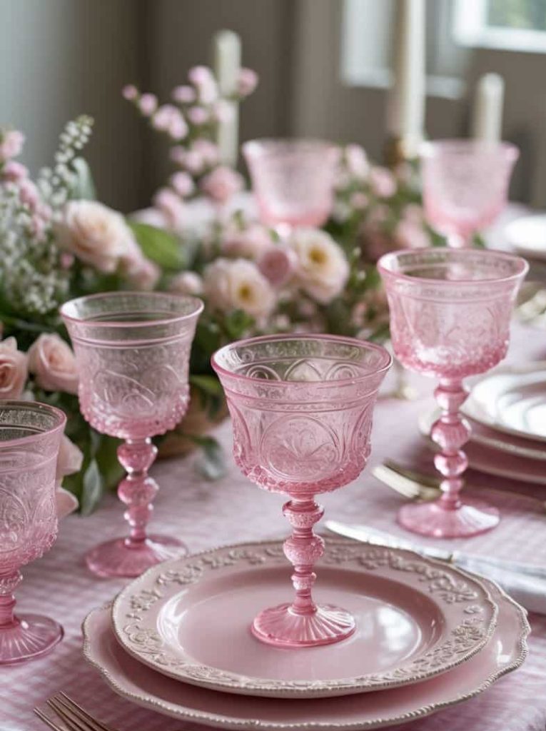 A table set with ornate pink glass goblets, matching plates, gold cutlery, and floral centerpieces on a pink checkered tablecloth.