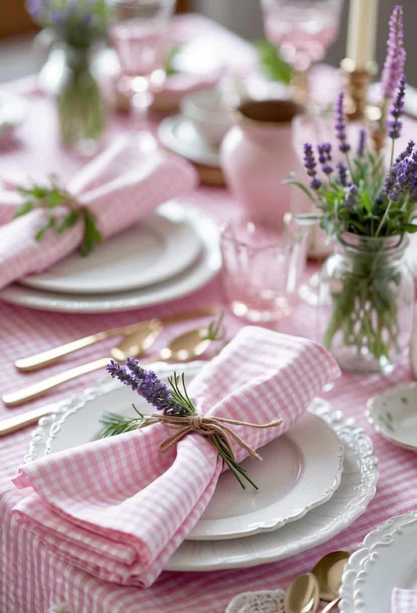 A table set with pink gingham tablecloths, white napkins tied with twine and a sprig of lavender at each place setting.