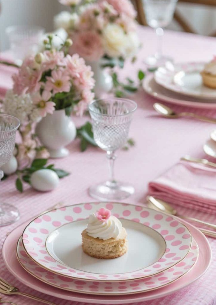A table set with pink polka dot plates, gold cutlery, crystal glasses, a pink tablecloth, and floral arrangements, featuring a small cupcake with a flower decoration.