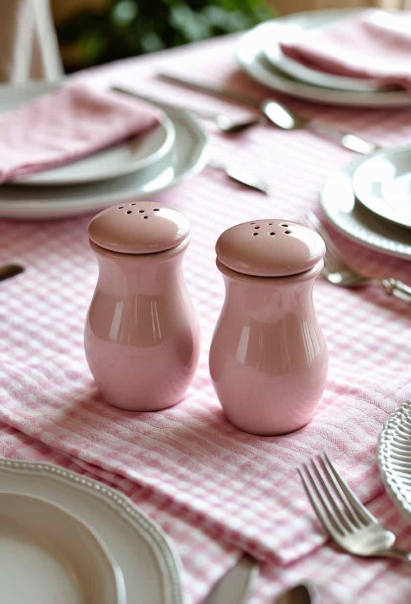 Blush-toned ceramic salt and pepper shakers on a pink gingham tablecloth with plates and silverware nearby.