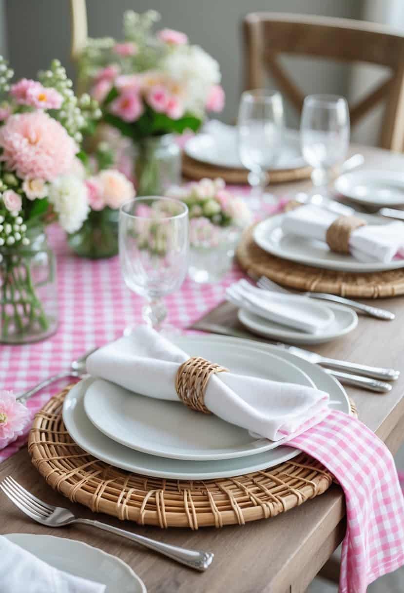 A dining table set with rattan chargers, white plates, and a pink gingham tablecloth, decorated with flowers and glassware.