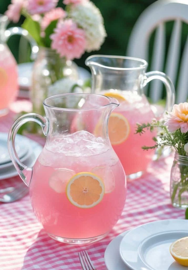Two glass pitchers of pink lemonade with lemon slices and ice sit on a checkered tablecloth, surrounded by plates and vases of pink flowers.