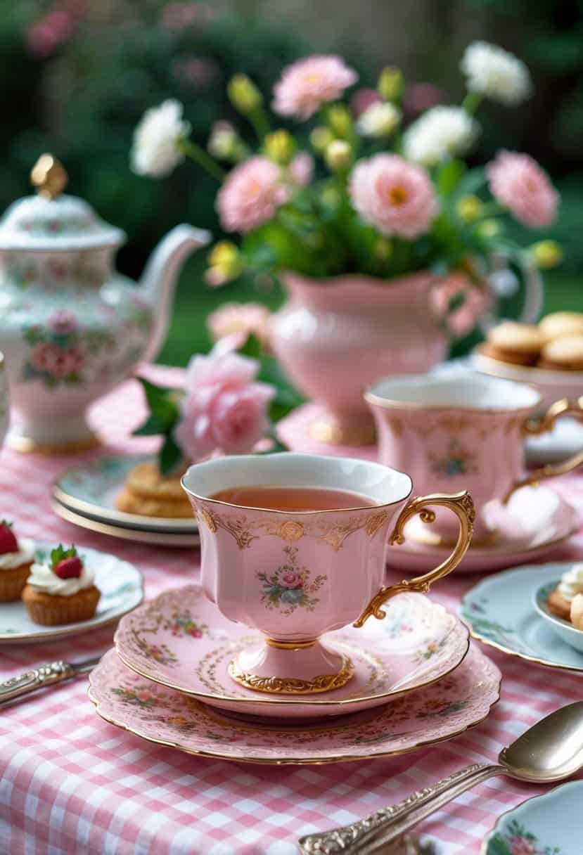 A table set outdoors with pink gingham tablecloth, featuring ornate pink vintage tea cups, pastries, flowers, and a teapot.