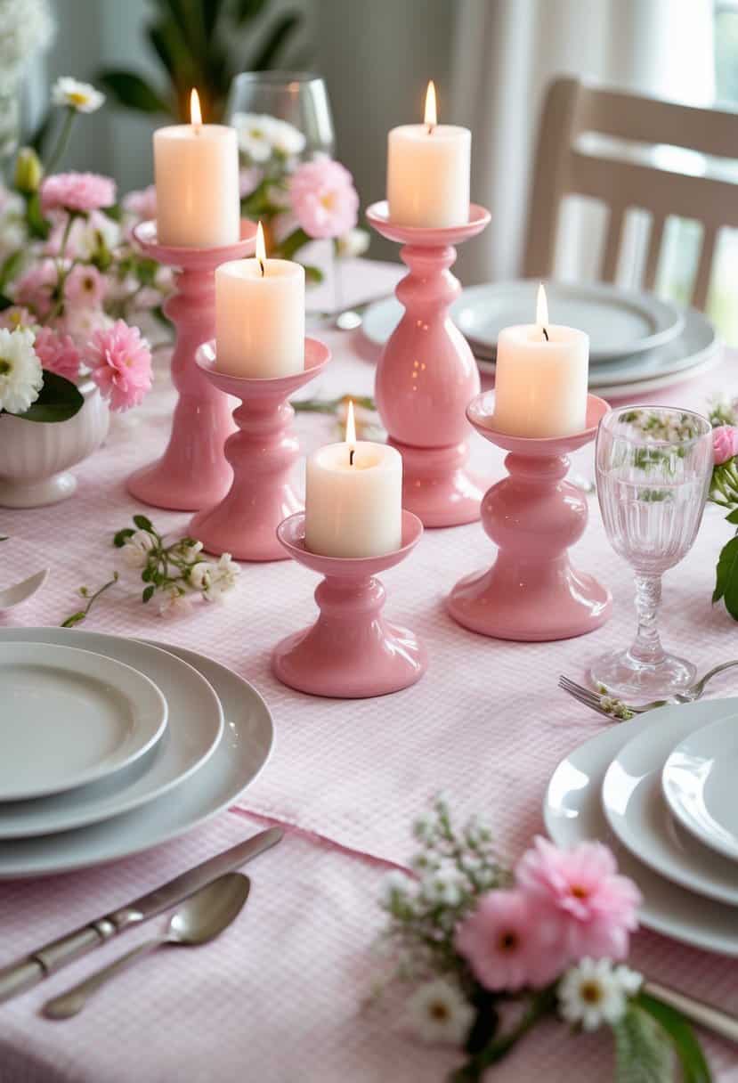 A table set with pink gingham tablecloth, glazed pink ceramic candle holders with lit candles, white plates, silver cutlery, and floral arrangements.