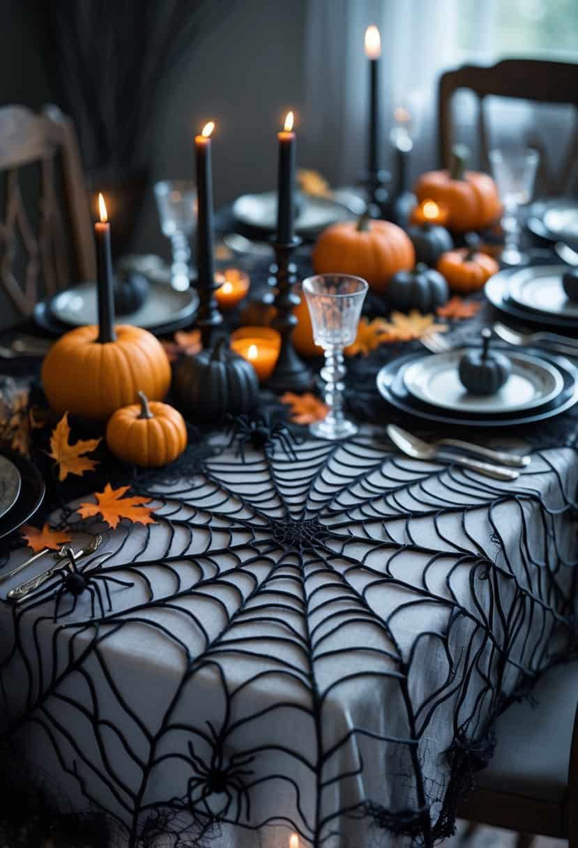 A table set with a spider web lace tablecloth overlay and Halloween-themed decorations including candles, pumpkins, and silverware.