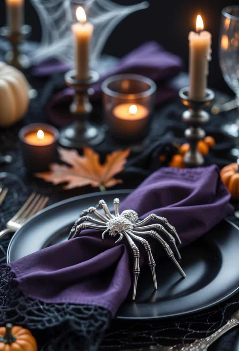 A dining table set for Halloween with silver spider napkin rings holding black napkins, surrounded by candles, pumpkins, and autumn decorations.