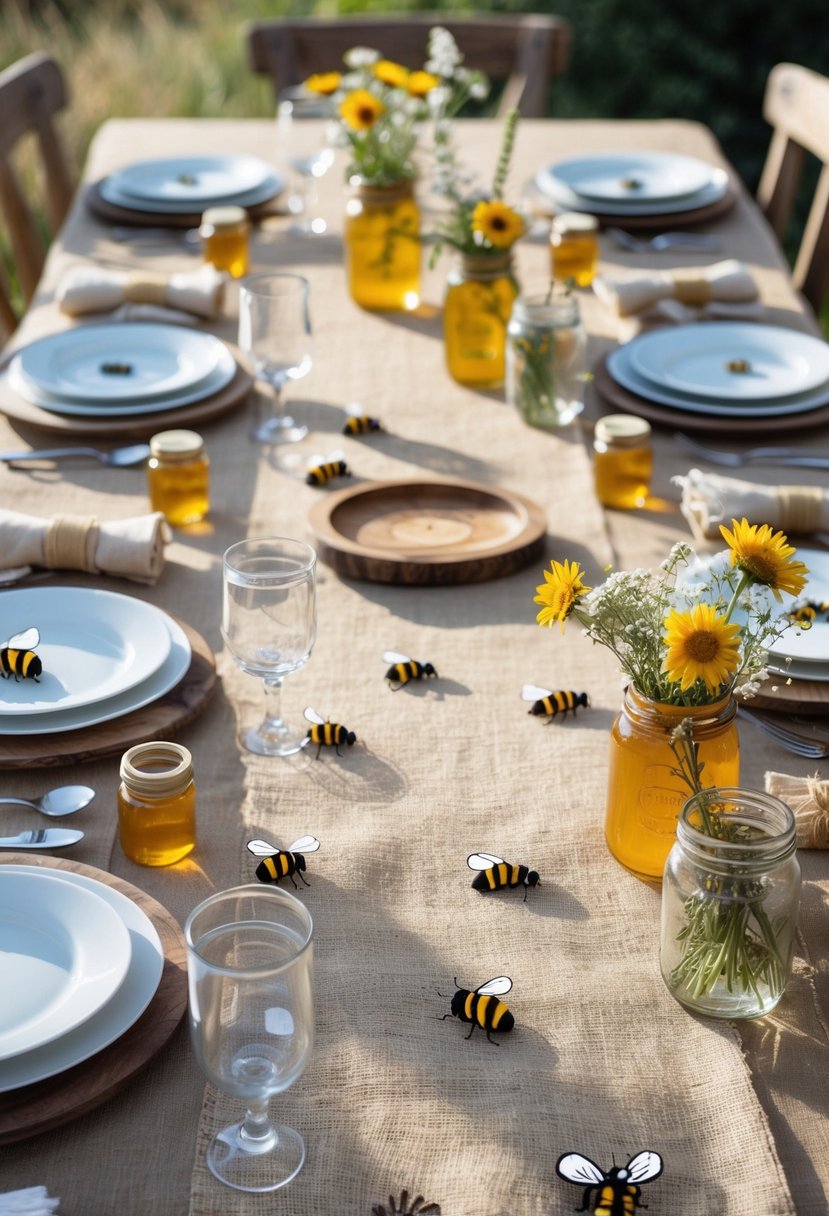 A rustic outdoor table set with a burlap tablecloth decorated with small bee accents, wildflowers in jars, honey jars, and simple tableware.