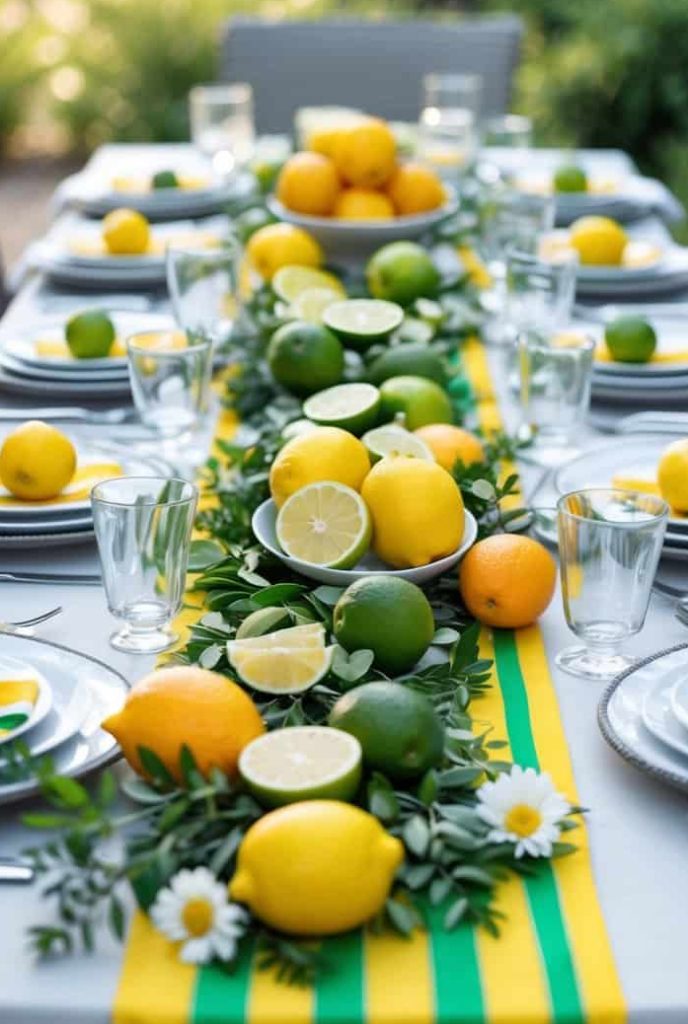 A long outdoor table is set with plates, glasses, and a centerpiece of lemons, limes, oranges, greenery, and daisies on a white tablecloth with yellow and green striped runners.