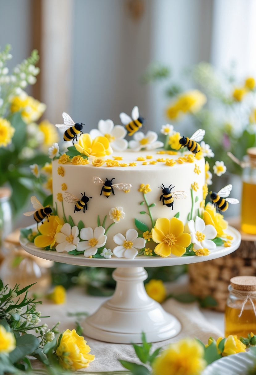 A cake stand decorated with flowers and small bees holding a floral-themed cake on a table with flowers and natural decorations.