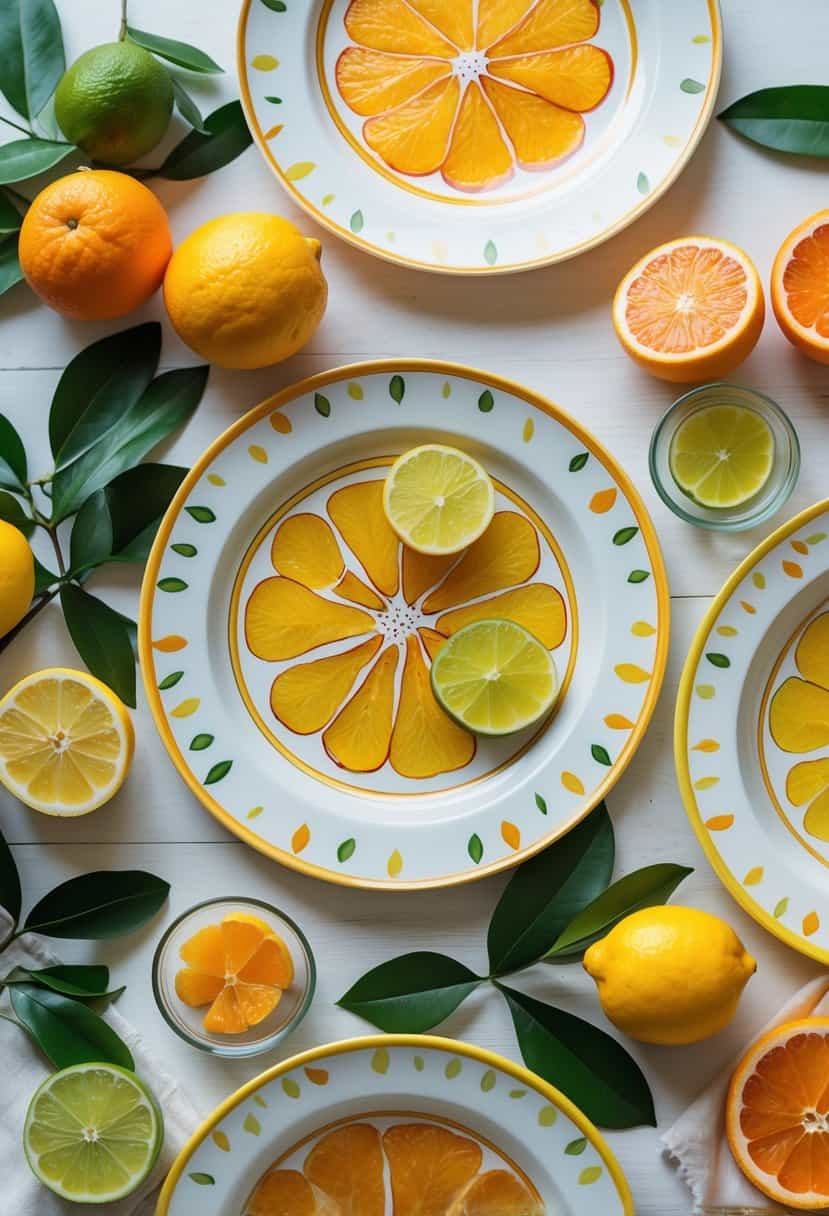 A table set with ceramic plates decorated with citrus patterns, surrounded by fresh oranges, lemons, limes, and green leaves.