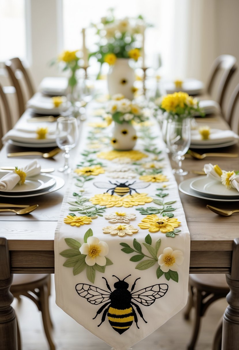 A dining table set with a bee-themed table runner decorated with flowers, surrounded by plates, cutlery, glassware, and small floral arrangements.