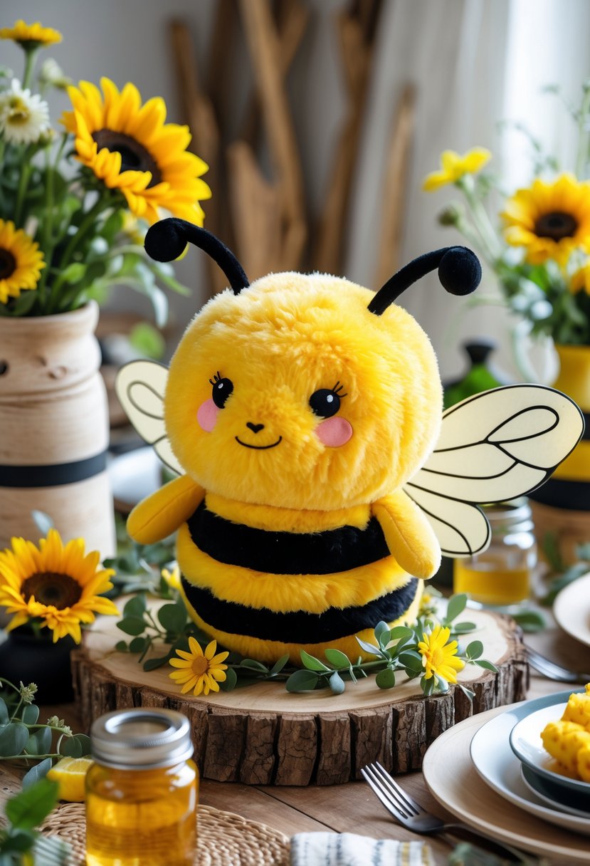 A yellow fuzzy bee plush centerpiece on a decorated table with flowers, honey jars, and natural elements.