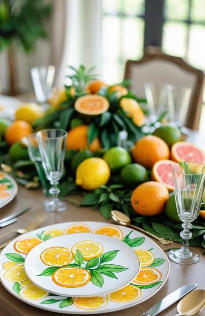 A dining table set with plates featuring lemon designs, surrounded by clear glasses, gold cutlery, and a centerpiece of assorted citrus fruits and green leaves.