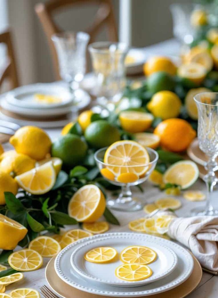 A dining table set with white plates, gold chargers, crystal glasses, and decorated with assorted citrus fruits and citrus slice garnishes.