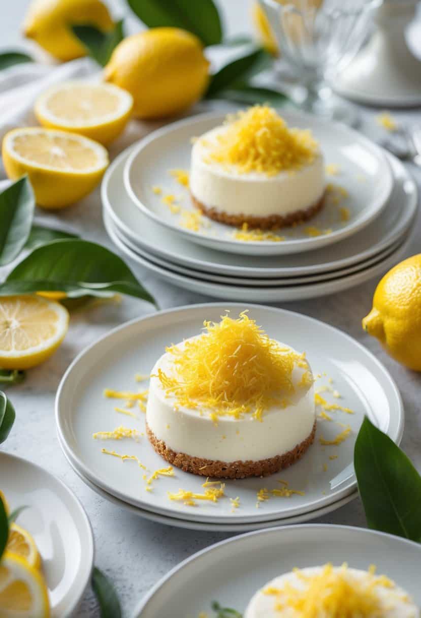 Close-up of dessert plates with lemon zest sprinkled on creamy desserts, surrounded by lemons and green leaves on a bright tablescape.