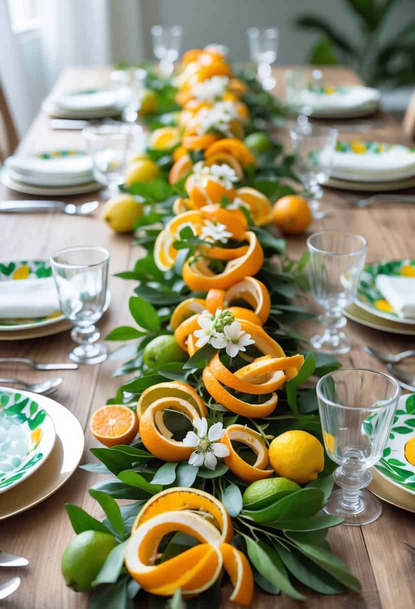 A wooden dining table decorated with colorful citrus peel garlands and small white flowers, surrounded by plates and glassware.