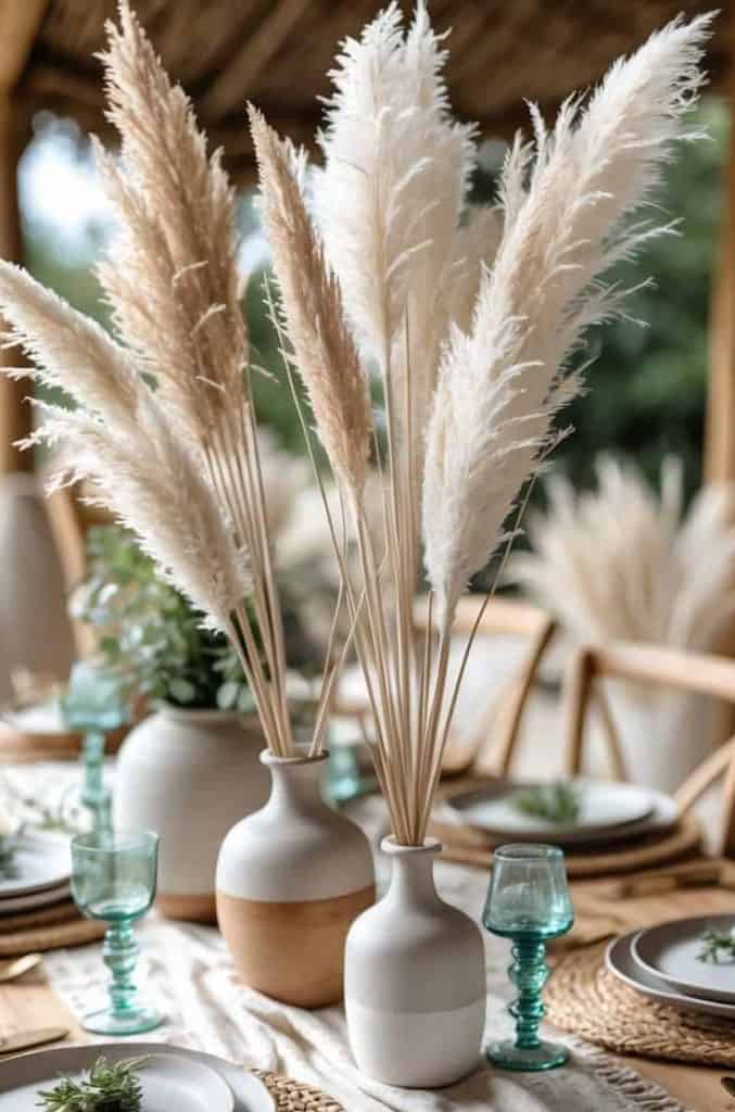 A rustic dining table is set with neutral-toned plates and glasses, featuring tall pampas grass arrangements in ceramic vases as the centerpiece.