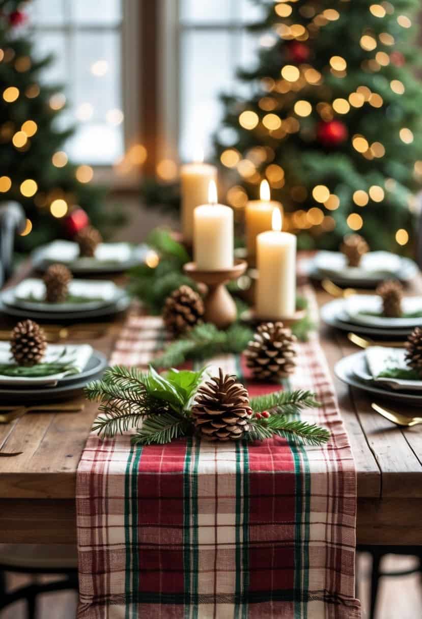 A winter holiday table set with plaid runners, candles, pinecones, and seasonal greenery creating a warm and festive atmosphere.