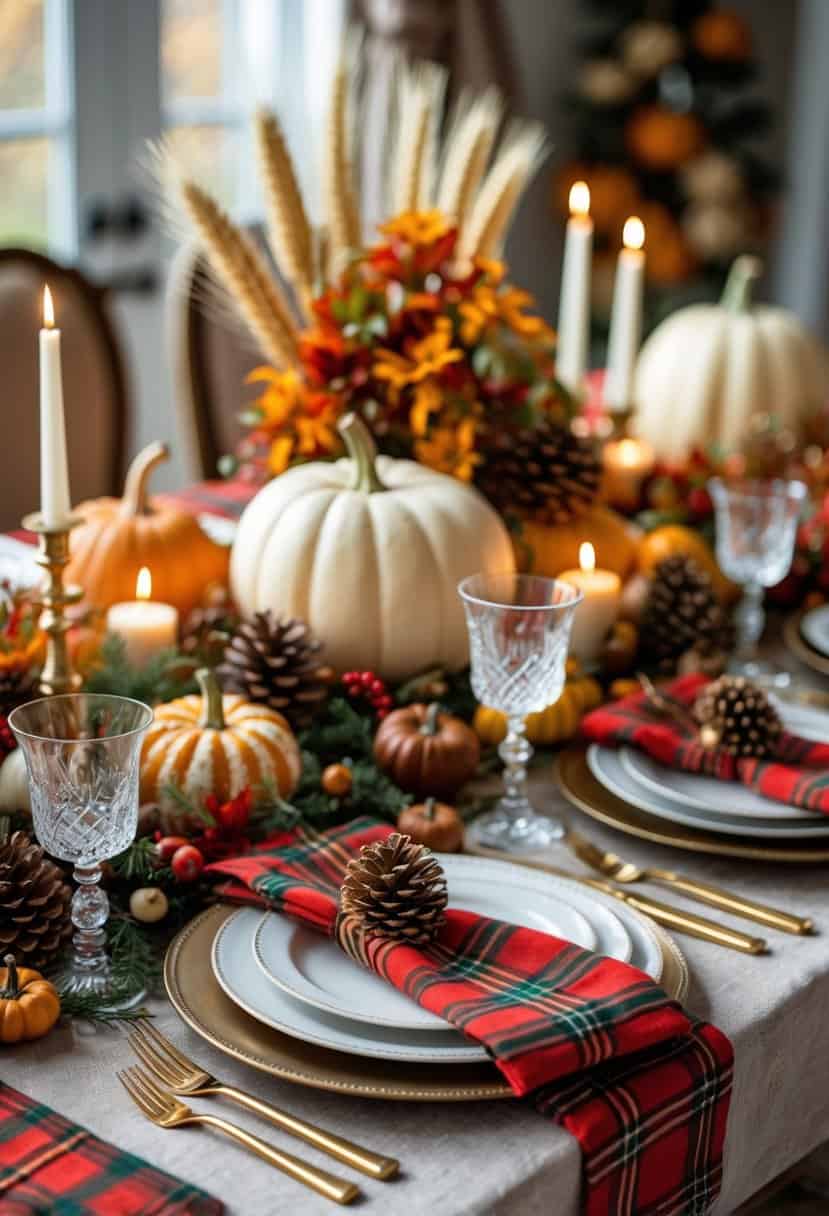 A Thanksgiving table set with plaid decorations, autumn centerpieces, candles, and elegant dinnerware.