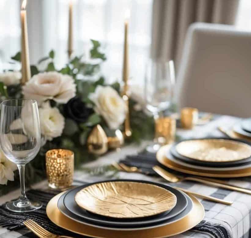 A dining table is set with gold and black plates, gold cutlery, plaid tablecloth, candles, and a floral centerpiece.
