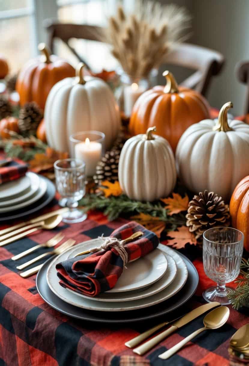 Thanksgiving table with buffalo plaid tablecloth and unique ceramic pumpkins arranged as centerpieces, surrounded by autumn decorations and place settings.