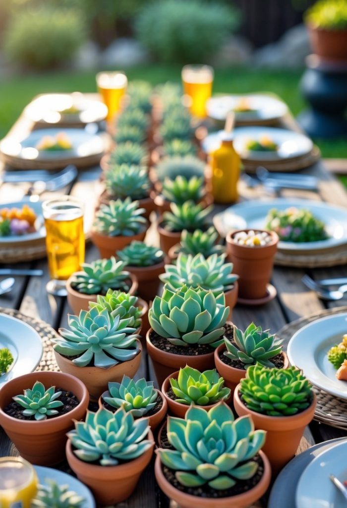 A long outdoor dining table is set with plates, glasses of juice, and a centerpiece of potted succulents in small terracotta pots, with a green garden in the background.