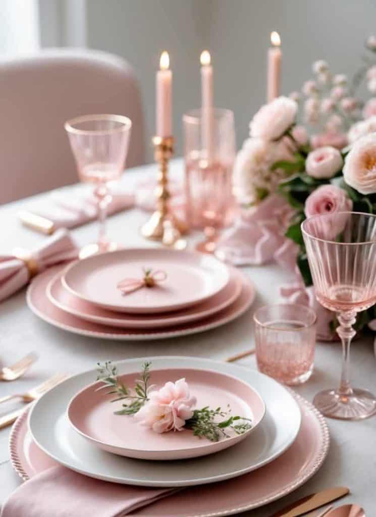Elegant table setting with pink and white plates, gold cutlery, pink glassware, candles, and floral centerpiece featuring roses and greenery.