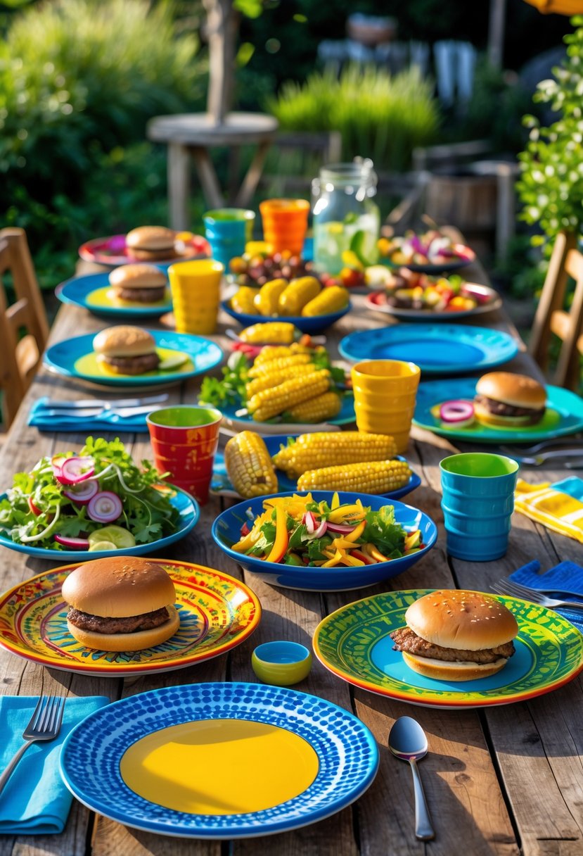Outdoor BBQ table set with colorful ceramic plates and matching cups surrounded by grilled food and greenery.