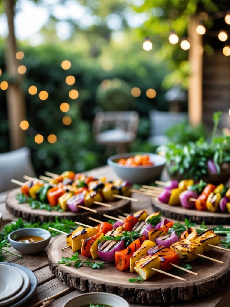 Grilled vegetable skewers with assorted peppers and onions are arranged on wooden platters on an outdoor table, with bowls of dipping sauces and greenery in the background.