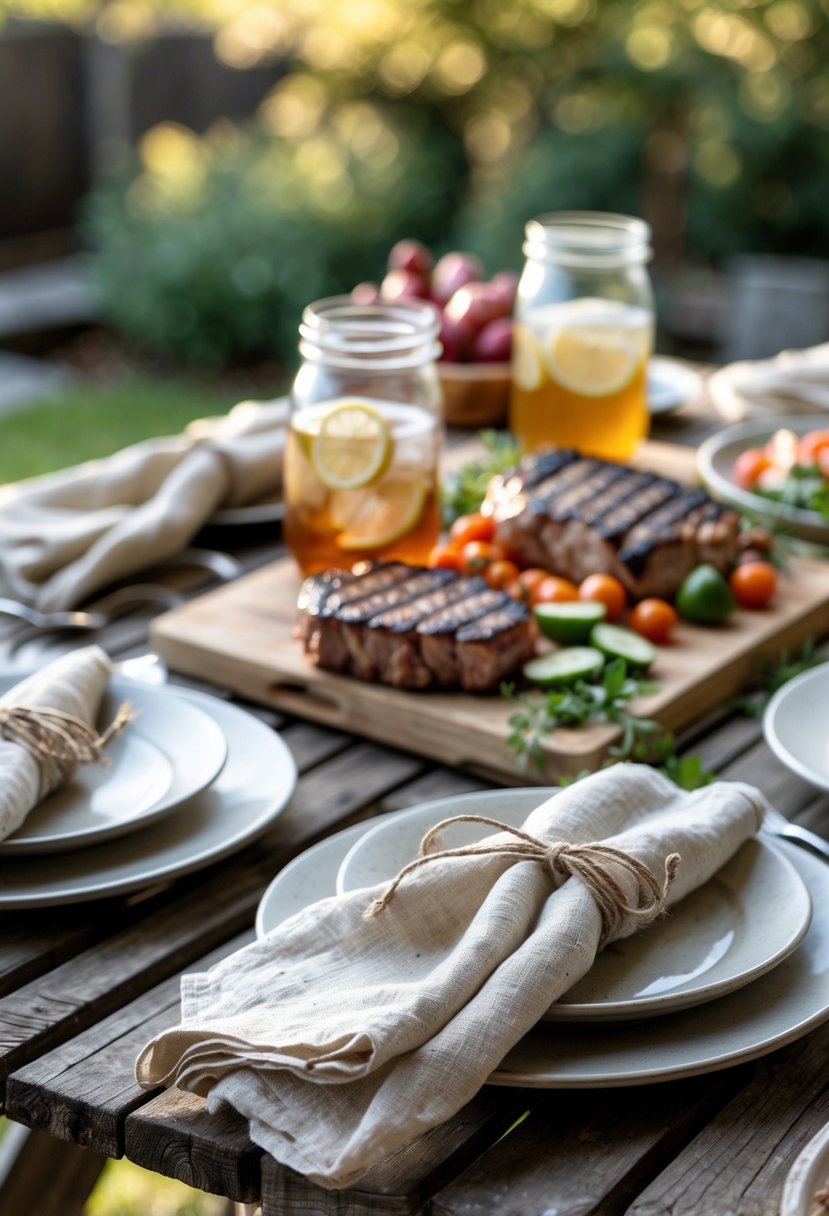 A wooden picnic table set outdoors with natural linen napkins tied with twine, plates, drinks, and grilled food.