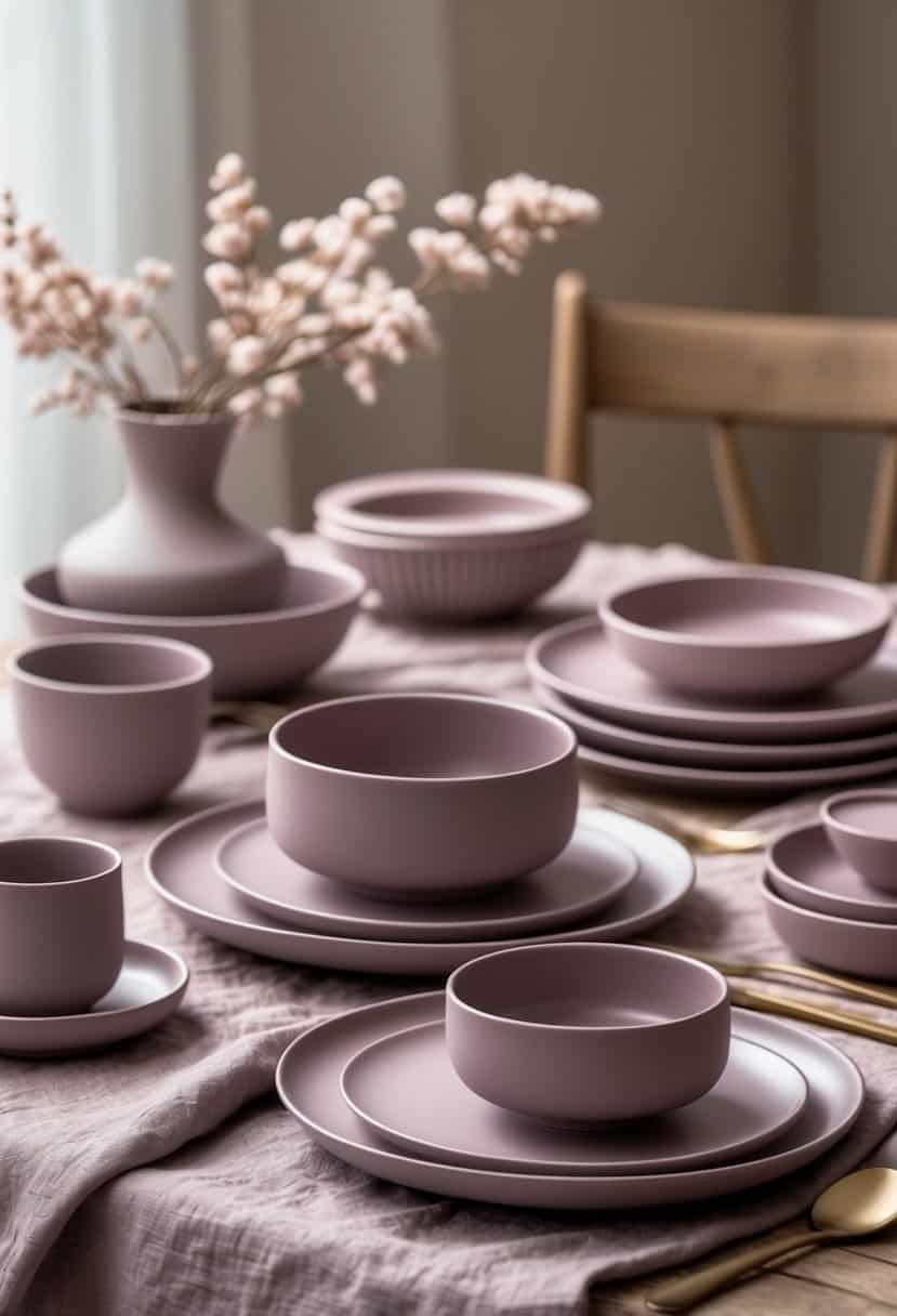 A table set with dusty mauve ceramic dishes and matching linen napkins arranged neatly on a warm-toned surface.