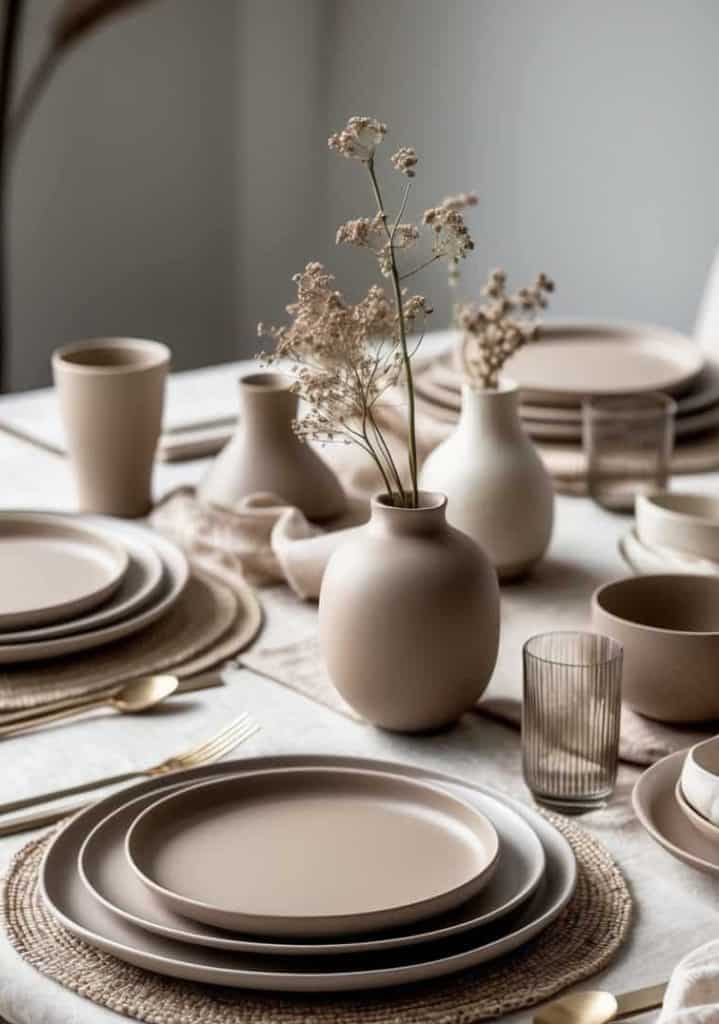 A neutral-toned dining table set with beige plates, bowls, and cups, gold cutlery, woven placemats, and ceramic vases with dried flowers on a linen tablecloth.