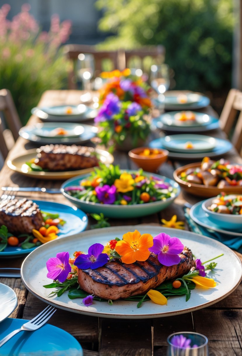 Outdoor BBQ table with plates of grilled food garnished with colorful edible flowers on a wooden table.