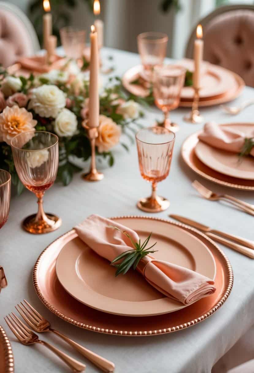 A dining table set with copper chargers and peach plates, complemented by matching glassware and floral decorations.