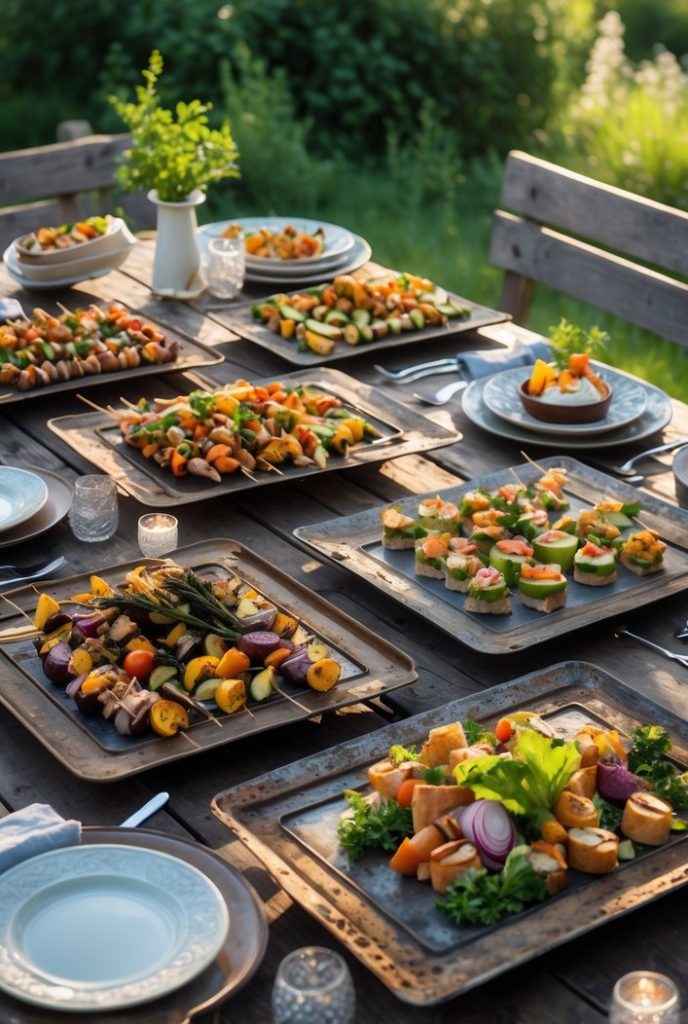 An outdoor dining table set with plates and trays of assorted vegetable dishes, appetizers, and salads, surrounded by greenery in a garden setting.
