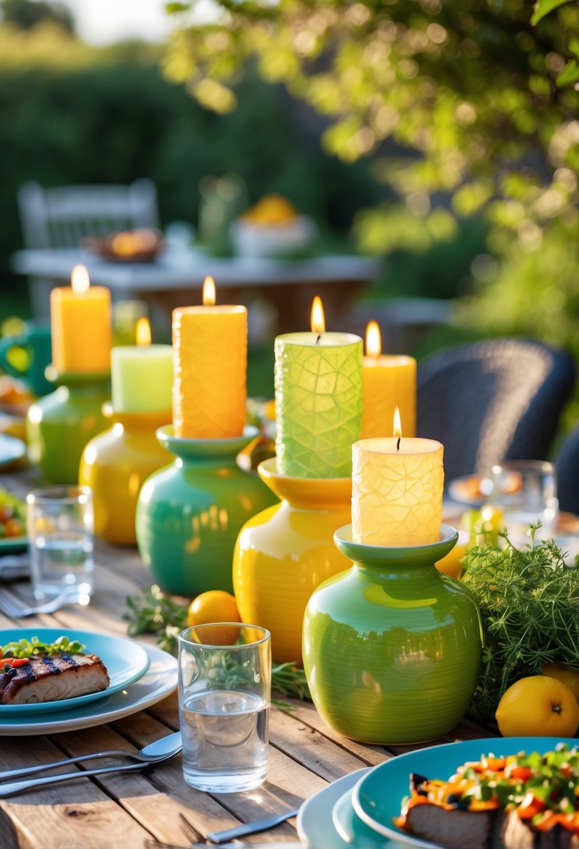 Outdoor BBQ table set with bright ceramic citronella candle holders, plates of food, and decorative fruits in a garden setting.