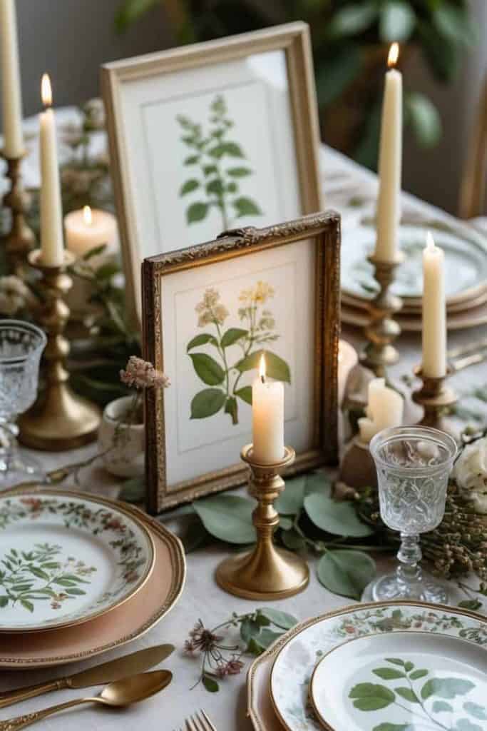 A formal dining table is set with floral-patterned plates, gold cutlery, glassware, framed botanical prints, and lit candles on brass holders, decorated with greenery.