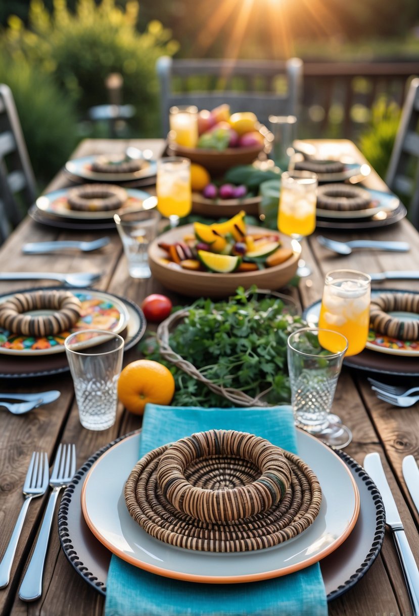 Outdoor BBQ table set with handmade woven napkin rings holding cloth napkins, surrounded by plates, cutlery, drinks, and grilled food.