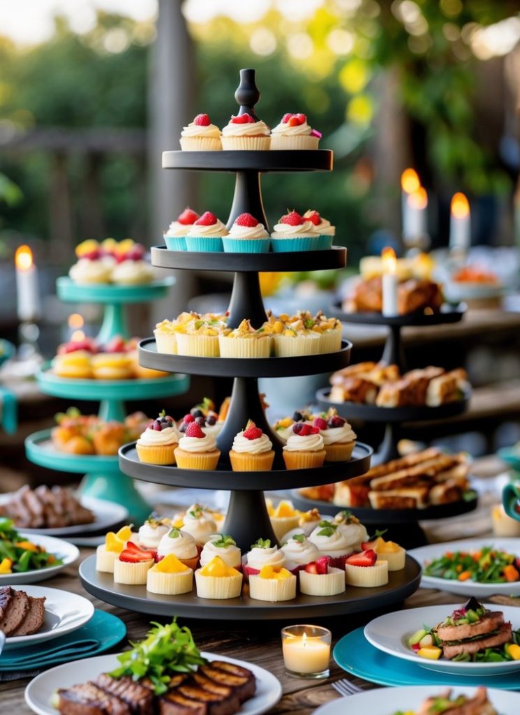 A tiered stand with assorted cupcakes is surrounded by plates of salad, meat, and sandwiches on an outdoor dining table set for a meal.